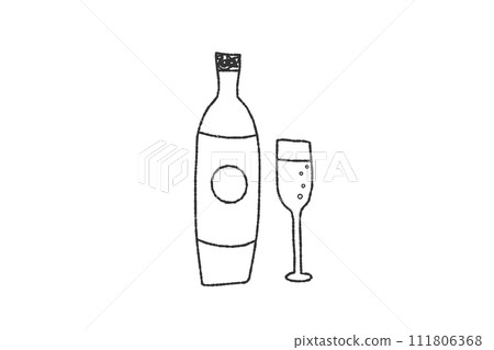 Hand-drawn style monochrome line drawing illustration of a glass with wine Hand-drawn style monochrome line drawing illustration of a glass with wine 111806368
