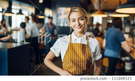 在咖啡館工作的微笑女士 在咖啡館工作的微笑女士 111806525