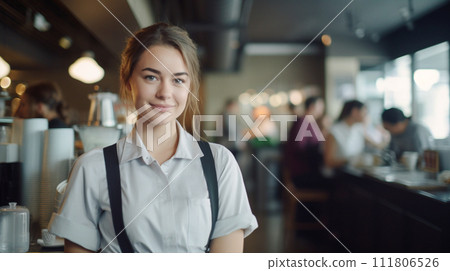 Smiling woman working in Barista cafe 111806526