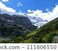 New Zealand Rob Roy Glacier, contrast of greenery, rocks, snow, sky and clouds 111806550