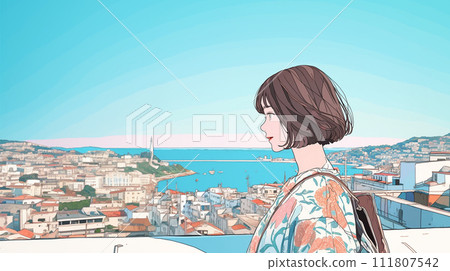 一個女人看著大海和城市的輪廓 一個女人看著大海和城市的輪廓 111807542