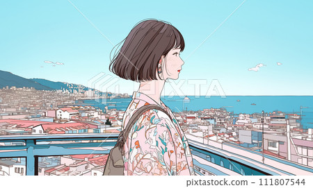 Profile of a woman looking at the sea and city 111807544