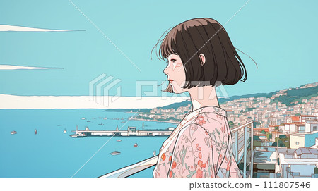 Profile of a woman looking at the sea and city 111807546