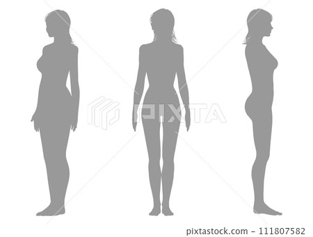中長女性上半身正面、側面和對角線輪廓的插圖集 111807582