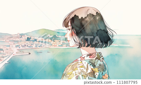 A woman looking at the seaside town A woman looking at the seaside town 111807795