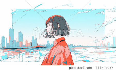 A young woman looking at the city, the sea, and the distance 111807957