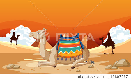Camels Resting in the Desert Scene 111807987