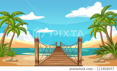 Tropical Beach Paradise with Wooden Bridge 111808057