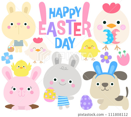 hello spring happy Easter Day cute rabbit dog and chick play eggs hunt easter holiday activity hello spring happy Easter Day cute rabbit dog and chick play eggs hunt easter holiday activity 111808112