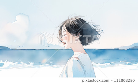 Profile of a woman laughing at the seaside 111808280