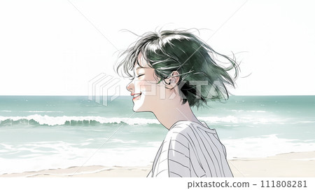 Profile of a woman laughing at the seaside 111808281