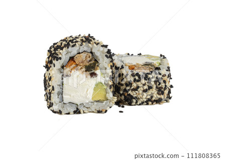 Sushi roll on a white background with Philadelphia cheese, salmon and sprinkled with sesame seeds. 111808365
