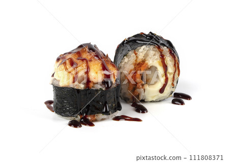 Sushi isolated on white background. Baked sushi with soy sauce. 111808371