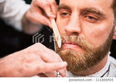 Close up photo of professional hairdresser using comb and scissors to shape beard. Handsome customer getting his beard done. Close up photo of professional hairdresser using comb and scissors to shape beard. Handsome customer getting his beard done. 111808404