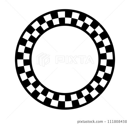 Checkered circle frame. Circle frame with checkerboard geometric pattern. Round chess border with black and white square pattern. Round race frame. Vector illustration on white background Checkered circle frame. Circle frame with checkerboard geometric pattern. Round chess border with black and white square pattern. Round race frame. Vector illustration on white background 111808438