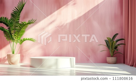 Minimalist pink podium with plant 111808616
