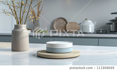 Smart speaker on kitchen table with flower 111808689