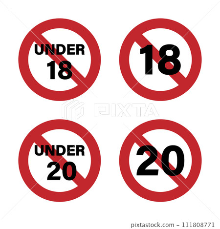 Age restriction mark "UNDER 18" and "UNDER 20" red Age restriction mark "UNDER 18" and "UNDER 20" red 111808771