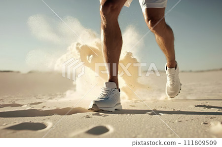 Sneakers kicking up sand on a beach. 111809509
