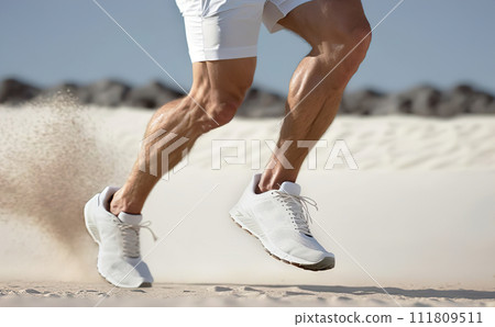 Sneakers kicking up sand on a beach. 111809511
