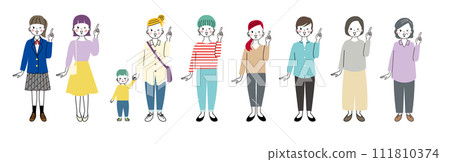 Illustrations of women of various ages in pointing poses and winking Illustrations of women of various ages in pointing poses and winking 111810374