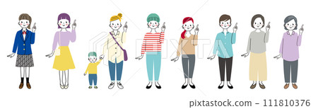 各年齡層女性做指點姿勢的全身插畫 各年齡層女性做指點姿勢的全身插畫 111810376