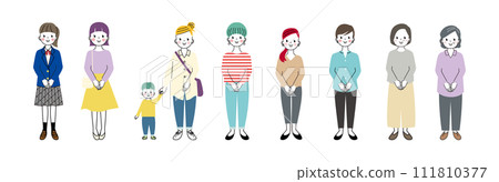 各年齡層女性雙手交叉禮貌站立的全身插畫 各年齡層女性雙手交叉禮貌站立的全身插畫 111810377