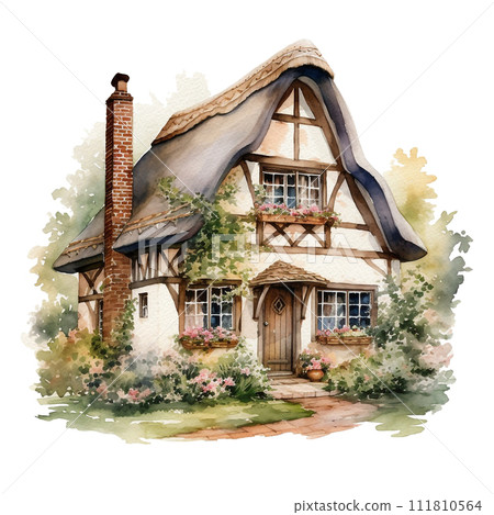 Hand drawn illustration of traditional English village house isolated on white background. Watercolor cozy house with thatched roof, plants and sky. 111810564