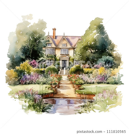 A traditional English cottage surrounded by a flower garden and garden, painted with watercolors on tourist design paper. 111810565