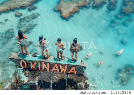 大“OKINAWA”信件和三名女遊客(3D) 大“OKINAWA”信件和三名女遊客(3D) 111810579