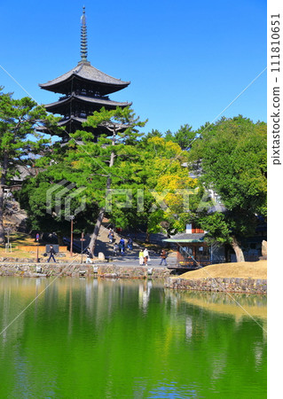 [奈良縣]晴天的興福寺（五層寶塔和猿澤池） 111810651