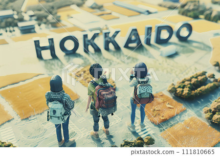 大型「HOKKAIDO」信件和三位女遊客（3D） 111810665