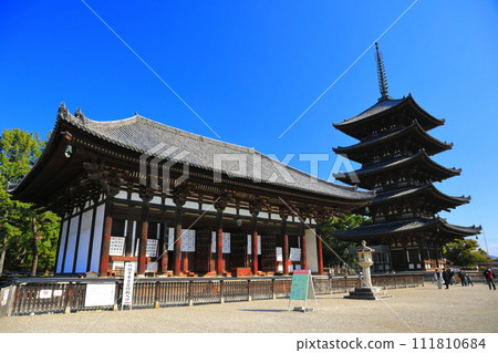 [Nara Prefecture] Kofuku-ji Temple in sunny weather (East Golden Hall and five-storied pagoda) 111810684