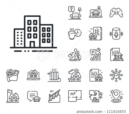 City apartments sign. Floor plan, stairs and lounge room outline icons. Buildings line icon. Architecture building symbol. Buildings line sign. House mortgage, sell building icon. Real estate. Vector City apartments sign. Floor plan, stairs and lounge room outline icons. Buildings line icon. Architecture building symbol. Buildings line sign. House mortgage, sell building icon. Real estate. Vector 111810855