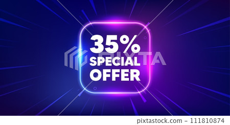 35 percent discount offer tag. Neon light frame box banner. Sale price promo sign. Special offer symbol. Discount neon light frame message. Vector 111810874