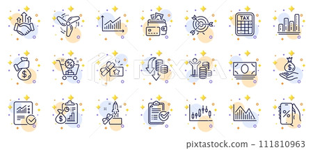 Outline set of Tax calculator, Discounts app and Candlestick graph line icons for web app. Include Shopping cart, Wind energy, Income money pictogram icons. Cash money, Budget profit. Vector Outline set of Tax calculator, Discounts app and Candlestick graph line icons for web app. Include Shopping cart, Wind energy, Income money pictogram icons. Cash money, Budget profit. Vector 111810963