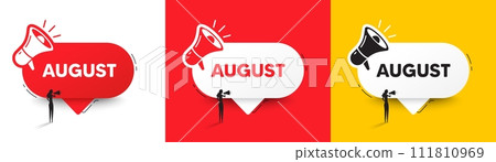 August month icon. Speech bubble with megaphone and woman silhouette. Event schedule Aug date. Meeting appointment planner. August chat speech message. Woman with megaphone. Vector 111810969