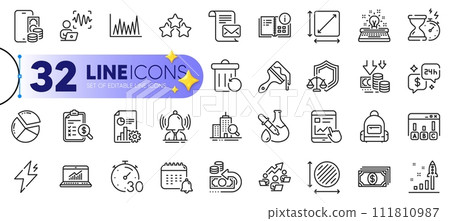 Outline set of Hourglass timer, Backpack and Report line icons for web with Chemistry experiment, Deflation, Timer thin icon. Voice wave, Accounting report, Line graph pictogram icon. Vector 111810987