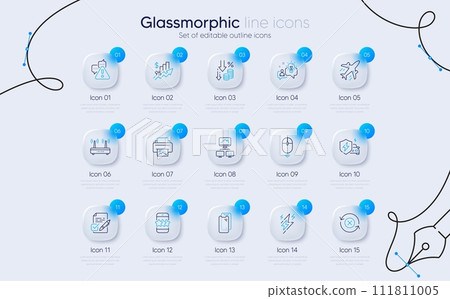 Set of Scroll down, Car charging and Warning line icons for web app. Work home, Voting ballot, Lightning bolt icons. Wifi, Smartphone glass, Plane signs. Star, Idea, Print image. Vector 111811005