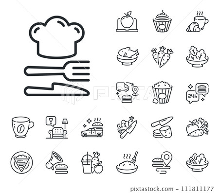 Cooking chef sign. Crepe, sweet popcorn and salad outline icons. Food line icon. Fork, knife symbol. Food line sign. Pasta spaghetti, fresh juice icon. Supply chain. Vector 111811177