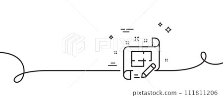 Architect line icon. Continuous one line with curl. Engineering plan sign. Edit project document. Architect plan single outline ribbon. Loop curve pattern. Vector 111811206