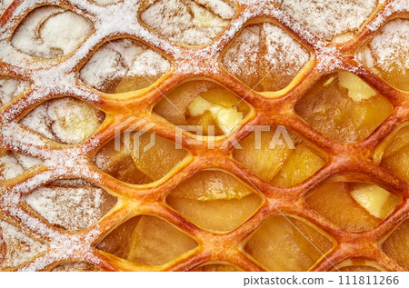 Close-up of golden lattice apple pie with custard and powdered sugar Close-up of golden lattice apple pie with custard and powdered sugar 111811266