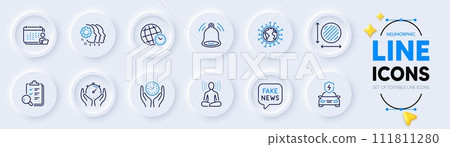 Inspect, Timer and Coronavirus line icons for web app. Pack of Safe time, Circle area, Employees teamwork pictogram icons. Time zone, Bell alert, Yoga signs. Car charging, Accounting. Vector 111811280