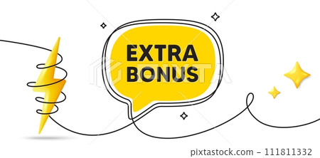 Extra bonus offer tag. Continuous line art banner. Special gift promo sign. Sale promotion symbol. Extra bonus speech bubble background. Wrapped 3d energy icon. Vector 111811332