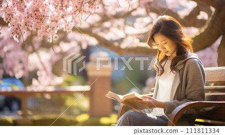 放鬆的女人，日本女人在公園長椅上讀書 111811334