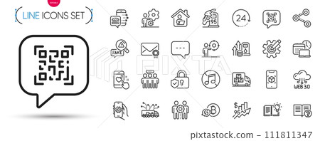 Pack of Fuel price, Fake news and Work home line icons. Include Job, Work time, Employees group pictogram icons. Augmented reality, 24 hours, No music signs. Security lock. Vector 111811347