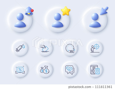Discounts ribbon, Coins bags and Voting ballot line icons. Placeholder with 3d cursor, bell, star. Pack of 360 degrees, Medical drugs, Medical syringe icon. Vector 111811361