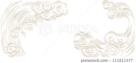 Set of hand drawn cloud with Japanese pattern vector. Oriental decoration with logo design, flyer or presentation in vintage style. Fuji mountain, bamboo, bonsai tree element with geometric shape 111811377