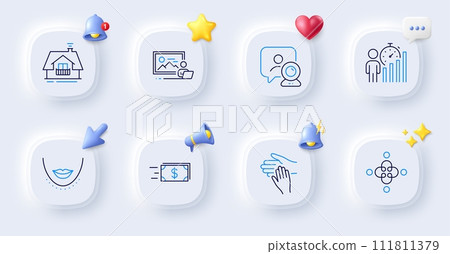 Photo studio, Inclusion and Video conference line icons. Buttons with 3d bell, chat speech, cursor. Pack of Business statistics, Money transfer, Chin icon. Balcony, Volunteer pictogram. Vector Photo studio, Inclusion and Video conference line icons. Buttons with 3d bell, chat speech, cursor. Pack of Business statistics, Money transfer, Chin icon. Balcony, Volunteer pictogram. Vector 111811379