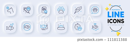 Feather, Dog vaccination and Pets care line icons for web app. Pack of Fishfinder, Dog certificate, Fish pictogram icons. Stop fishing, Fishing, Veterinary clinic signs. Nib pen, Pets medicine. Vector Feather, Dog vaccination and Pets care line icons for web app. Pack of Fishfinder, Dog certificate, Fish pictogram icons. Stop fishing, Fishing, Veterinary clinic signs. Nib pen, Pets medicine. Vector 111811388